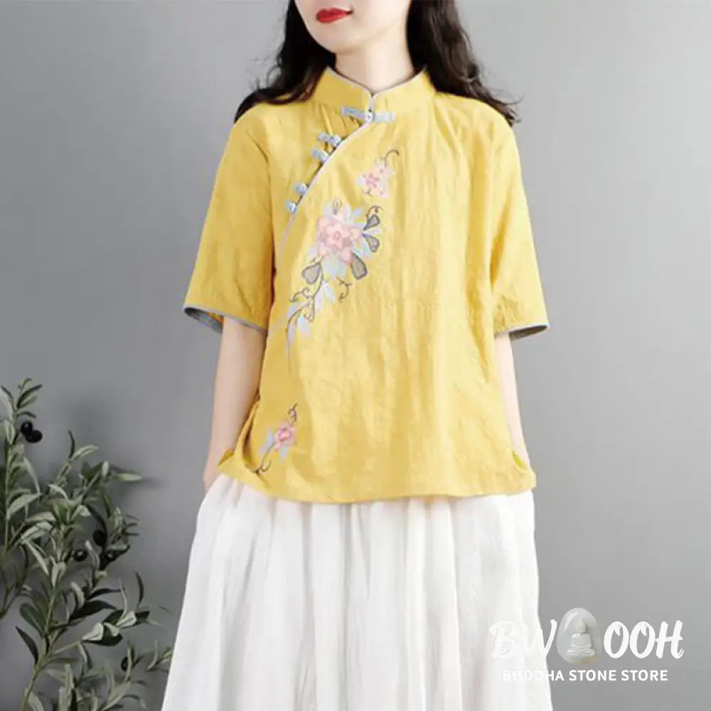 Buddha Stones Summer Flower Embroidery Half Sleeve Frog-Button Mandarin Collar Cotton Linen Women’s Shirt - Women’s