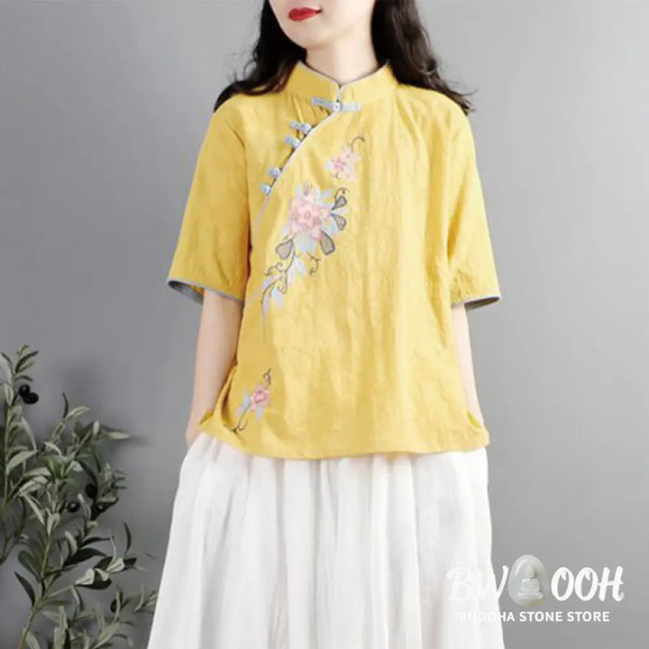 Buddha Stones Summer Flower Embroidery Half Sleeve Frog-Button Mandarin Collar Cotton Linen Women’s Shirt - Women’s