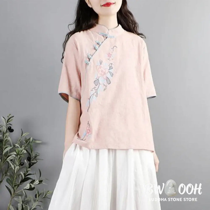 Buddha Stones Summer Flower Embroidery Half Sleeve Frog-Button Mandarin Collar Cotton Linen Women’s Shirt - Women’s