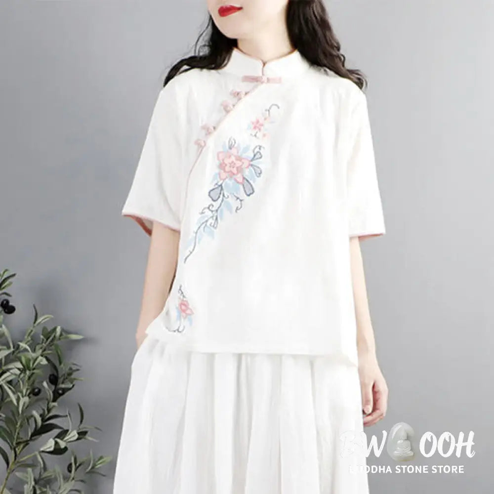 Buddha Stones Summer Flower Embroidery Half Sleeve Frog-Button Mandarin Collar Cotton Linen Women’s Shirt - Women’s