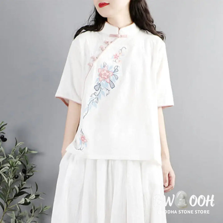 Buddha Stones Summer Flower Embroidery Half Sleeve Frog-Button Mandarin Collar Cotton Linen Women’s Shirt - Women’s