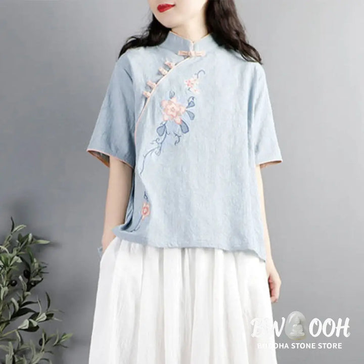 Buddha Stones Summer Flower Embroidery Half Sleeve Frog-Button Mandarin Collar Cotton Linen Women’s Shirt - Women’s