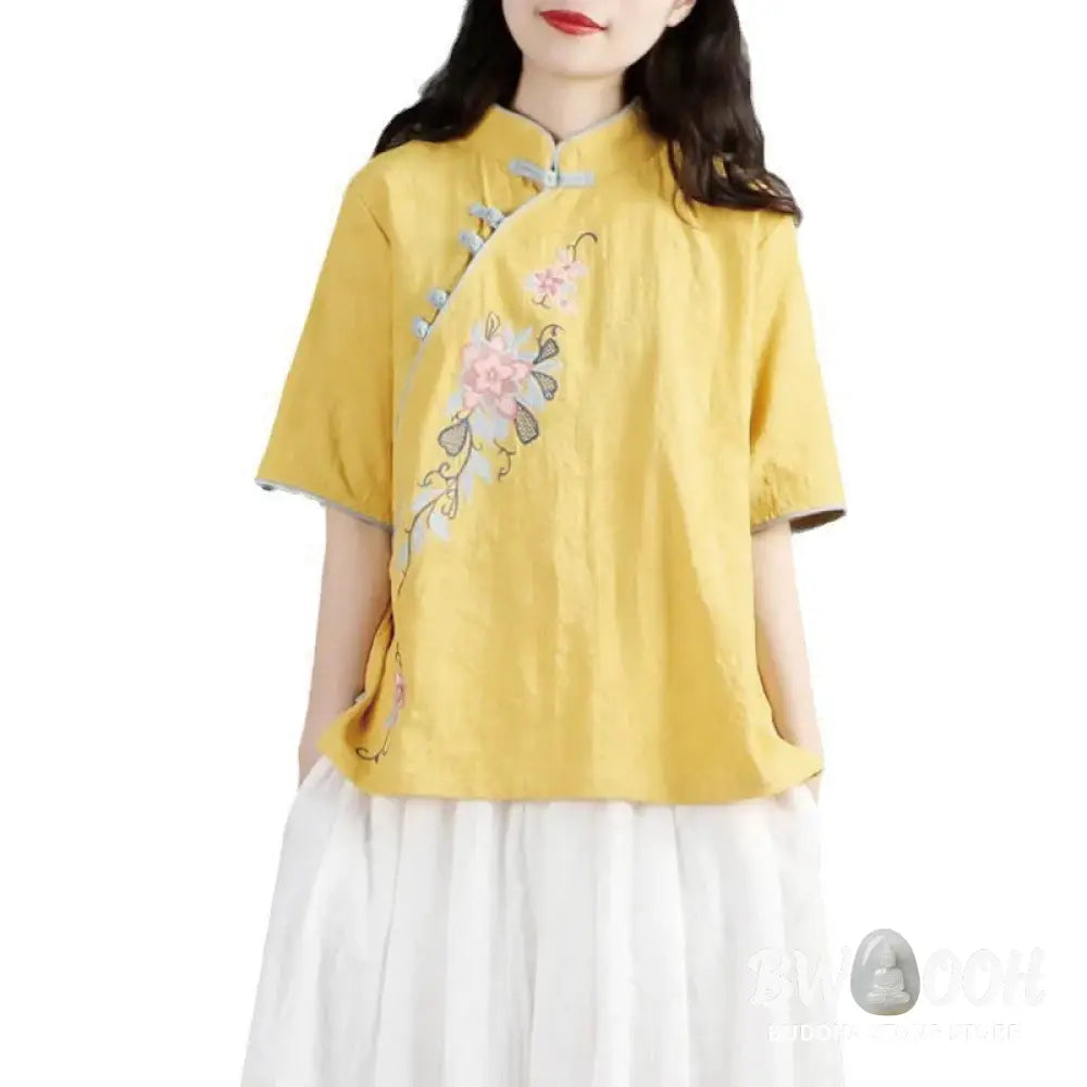 Buddha Stones Summer Flower Embroidery Half Sleeve Frog-Button Mandarin Collar Cotton Linen Women’s Shirt - Women’s