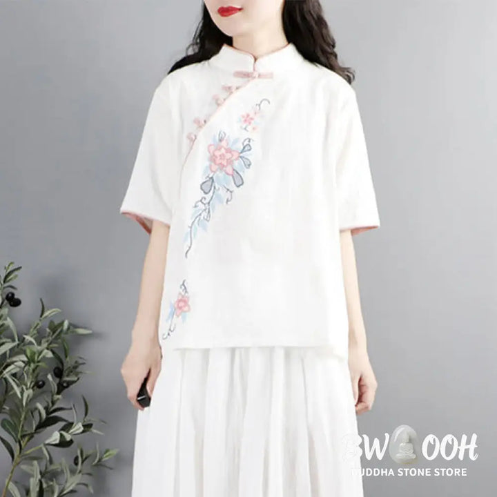 Buddha Stones Summer Flower Embroidery Half Sleeve Frog-Button Mandarin Collar Cotton Linen Women’s Shirt - Women’s