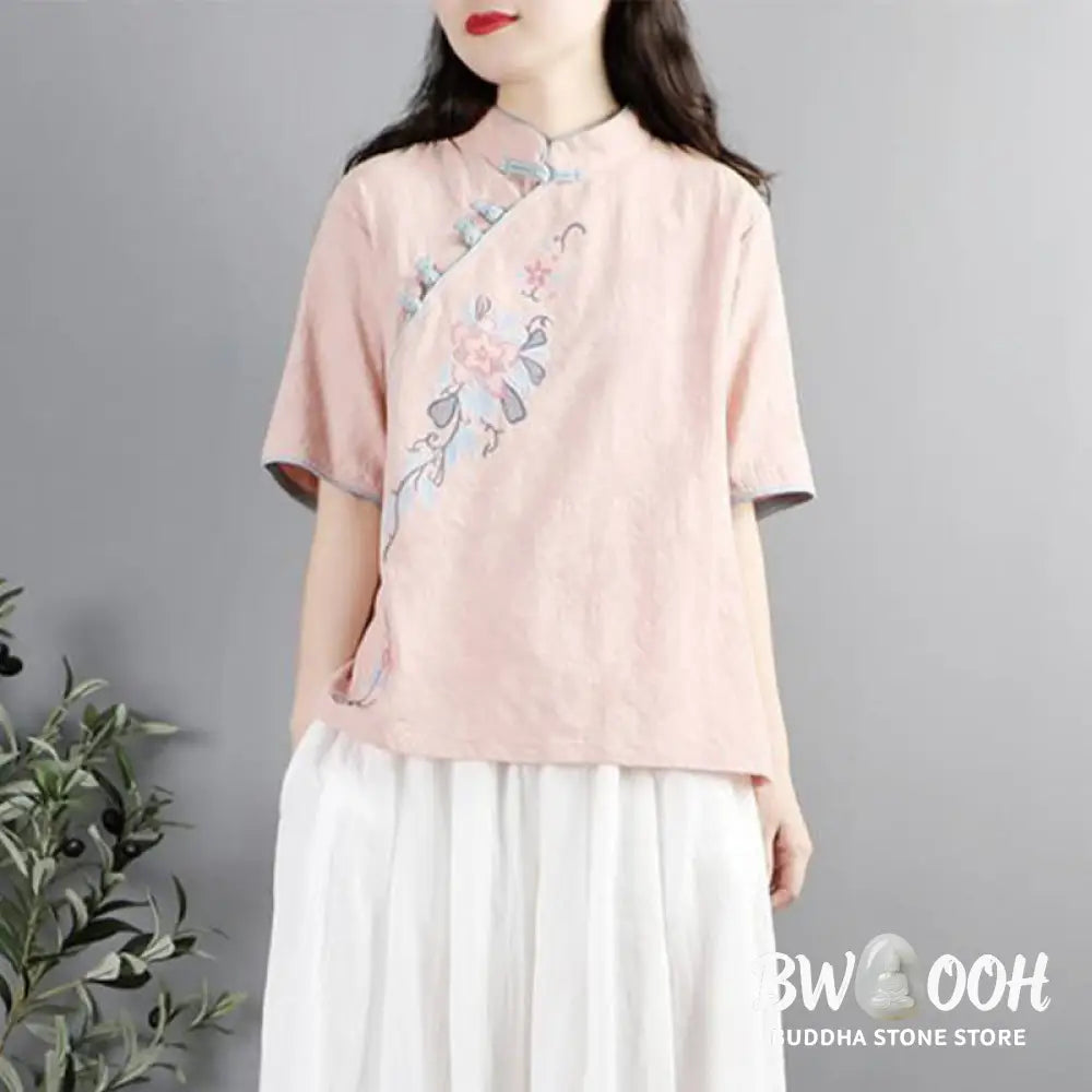 Buddha Stones Summer Flower Embroidery Half Sleeve Frog-Button Mandarin Collar Cotton Linen Women’s Shirt - Women’s