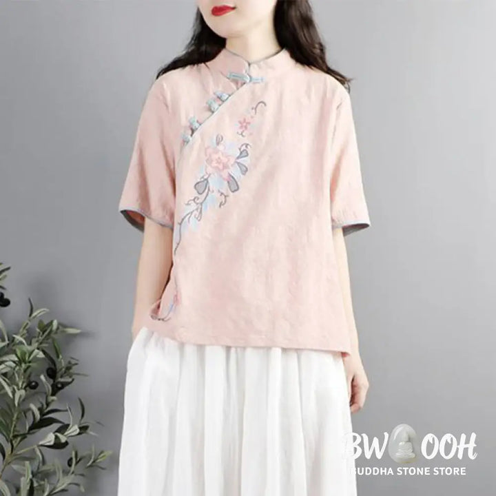 Buddha Stones Summer Flower Embroidery Half Sleeve Frog-Button Mandarin Collar Cotton Linen Women’s Shirt - Women’s