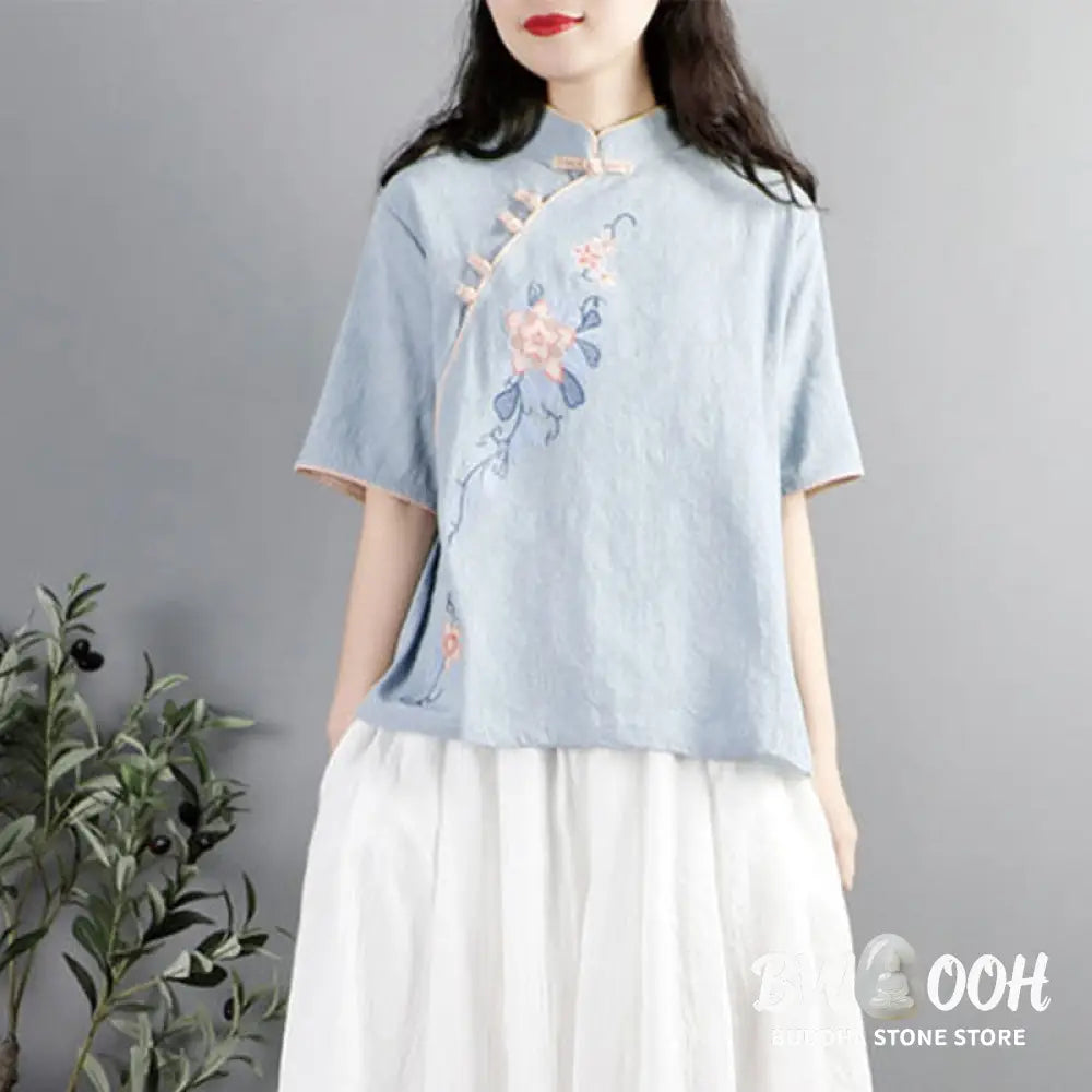 Buddha Stones Summer Flower Embroidery Half Sleeve Frog-Button Mandarin Collar Cotton Linen Women’s Shirt - Women’s