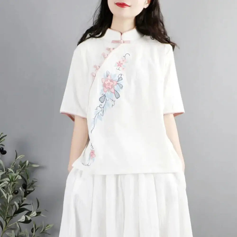 Buddha Stones Summer Flower Embroidery Half Sleeve Frog-Button Mandarin Collar Cotton Linen Women’s Shirt - Snow