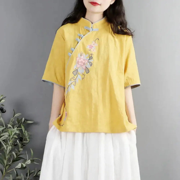 Buddha Stones Summer Flower Embroidery Half Sleeve Frog-Button Mandarin Collar Cotton Linen Women’s Shirt - Yellow