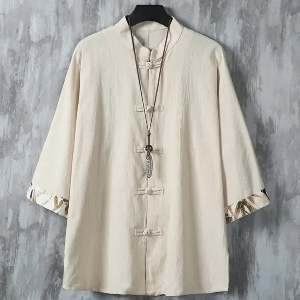 Buddha Stones Summer Frog-button Patchwork Half Sleeve Design Cotton Linen Men’s Shirt Jacket - Beige / US/UK/AU36，EU46