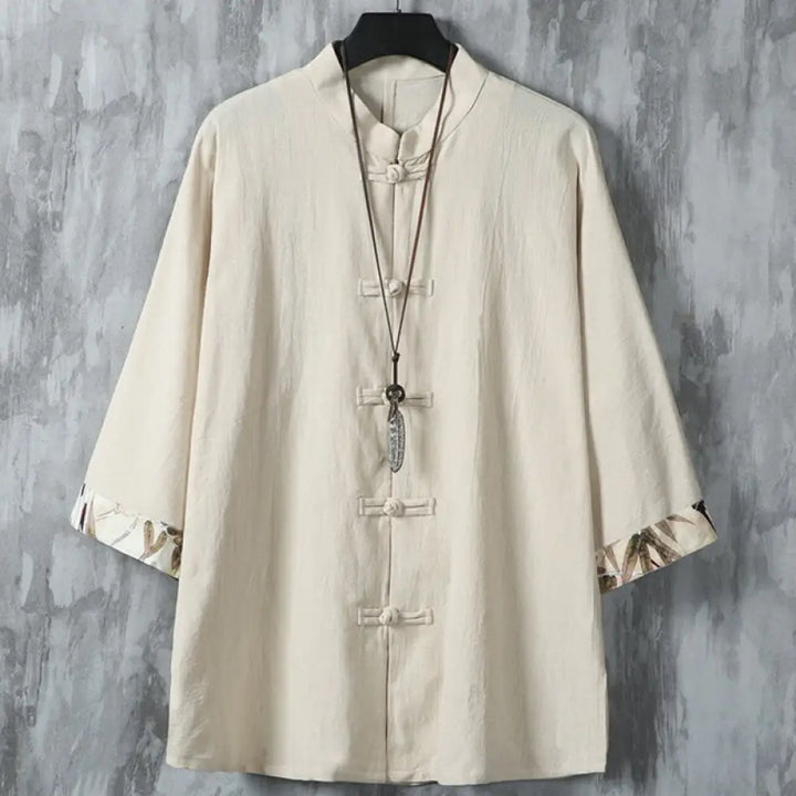 Buddha Stones Summer Frog-button Patchwork Half Sleeve Design Cotton Linen Men’s Shirt Jacket - Beige / US/UK/AU36，EU46