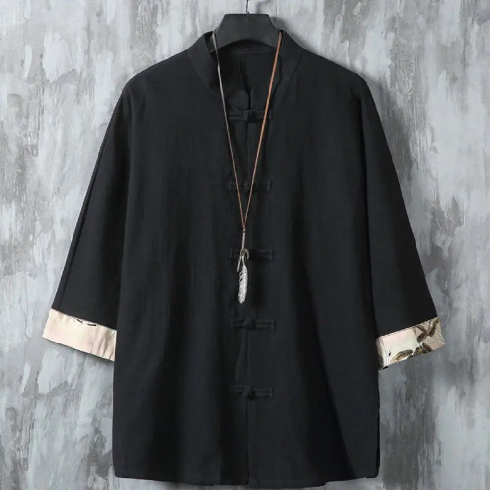 Buddha Stones Summer Frog-button Patchwork Half Sleeve Design Cotton Linen Men’s Shirt Jacket - Black / US/UK/AU36，EU46