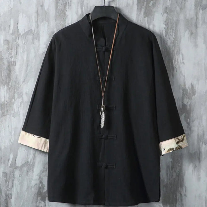 Buddha Stones Summer Frog-button Patchwork Half Sleeve Design Cotton Linen Men’s Shirt Jacket - Black / US/UK/AU36，EU46