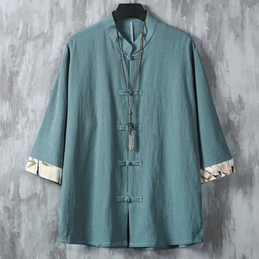 Buddha Stones Summer Frog-button Patchwork Half Sleeve Design Cotton Linen Men’s Shirt Jacket - DarkCyan