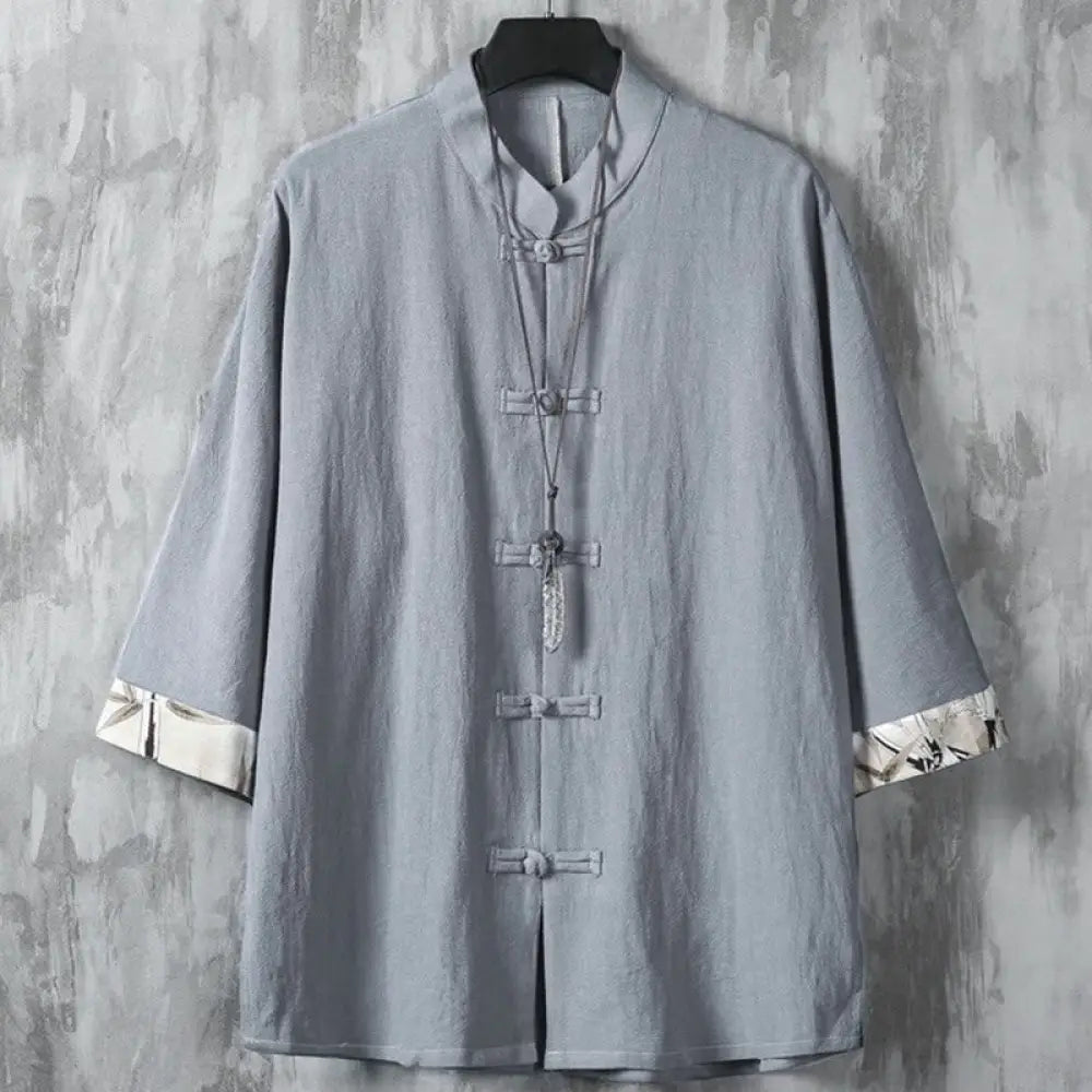 Buddha Stones Summer Frog-button Patchwork Half Sleeve Design Cotton Linen Men’s Shirt Jacket - DarkGray