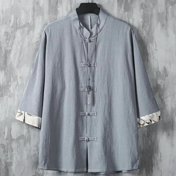Buddha Stones Summer Frog-button Patchwork Half Sleeve Design Cotton Linen Men’s Shirt Jacket - DarkGray