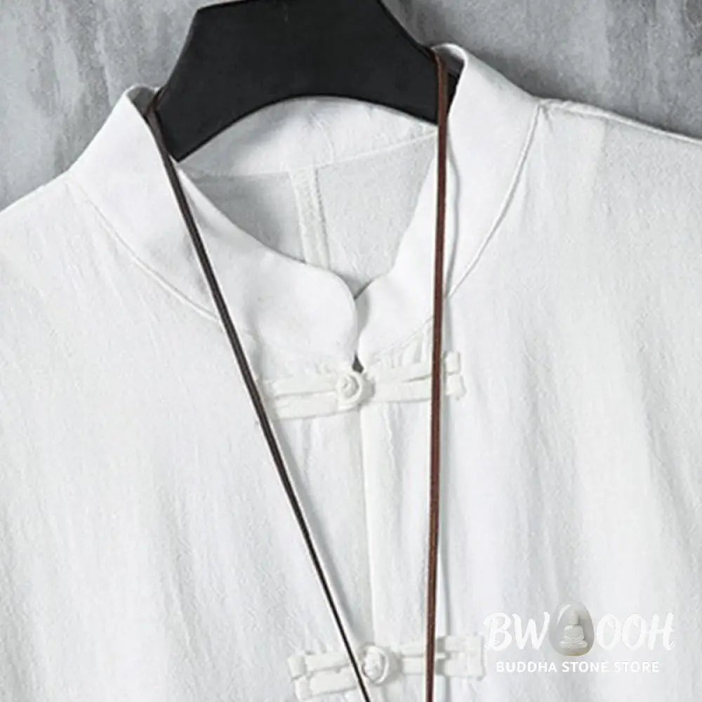 Buddha Stones Summer Frog-button Patchwork Half Sleeve Design Cotton Linen Men’s Shirt Jacket - Men’s Shirts