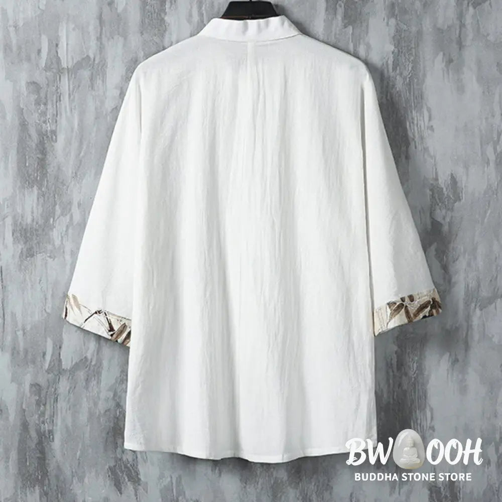 Buddha Stones Summer Frog-button Patchwork Half Sleeve Design Cotton Linen Men’s Shirt Jacket - Men’s Shirts