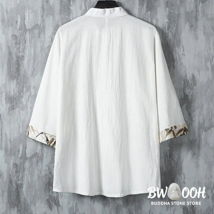 Buddha Stones Summer Frog-button Patchwork Half Sleeve Design Cotton Linen Men’s Shirt Jacket - Men’s Shirts
