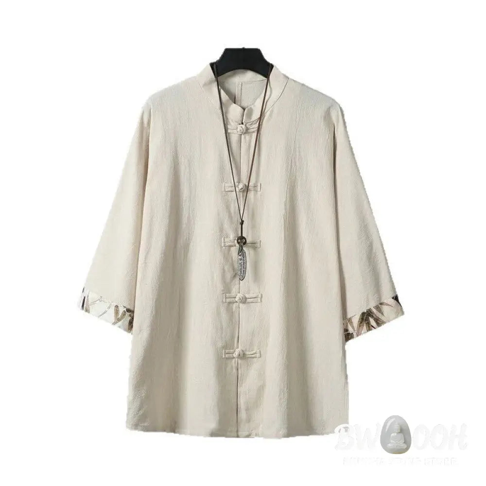 Buddha Stones Summer Frog-button Patchwork Half Sleeve Design Cotton Linen Men’s Shirt Jacket - Men’s Shirts