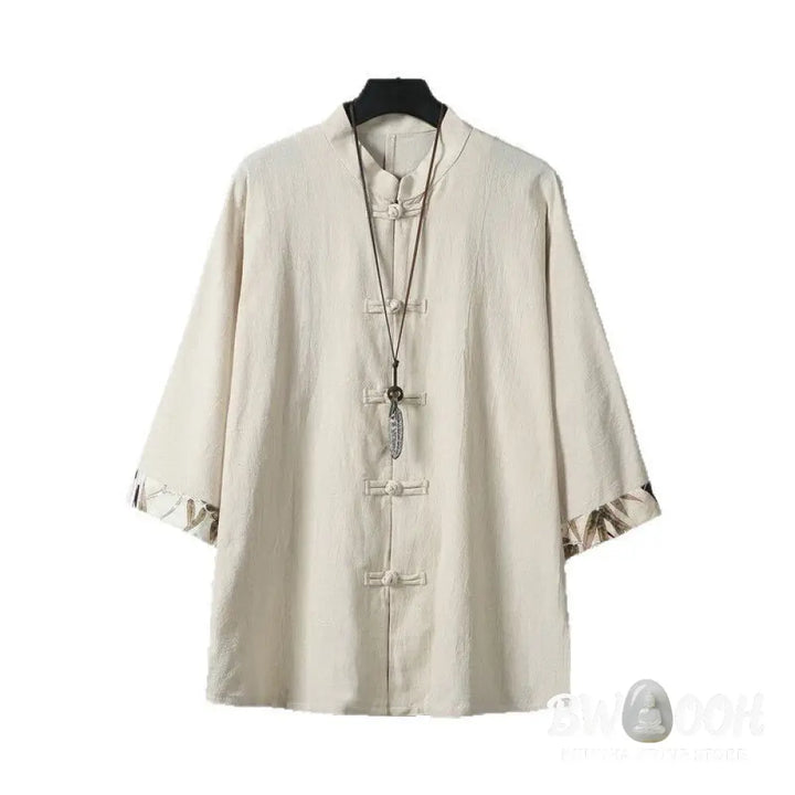 Buddha Stones Summer Frog-button Patchwork Half Sleeve Design Cotton Linen Men’s Shirt Jacket - Men’s Shirts