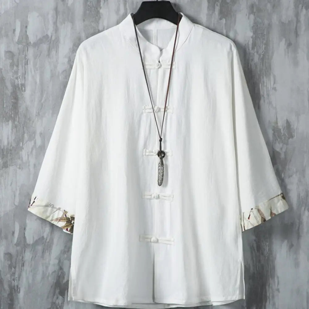 Buddha Stones Summer Frog-button Patchwork Half Sleeve Design Cotton Linen Men’s Shirt Jacket - White / US/UK/AU36，EU46