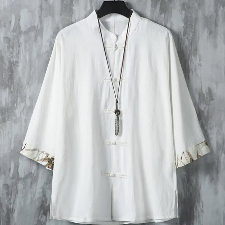 Buddha Stones Summer Frog-button Patchwork Half Sleeve Design Cotton Linen Men’s Shirt Jacket - White / US/UK/AU36，EU46