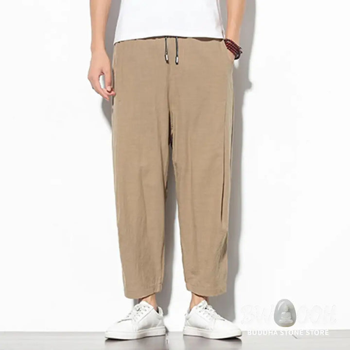 Buddha Stones Summer Men’s 7-8 Length Cotton Linen Carrot Pants With Pockets - Men’s Pants