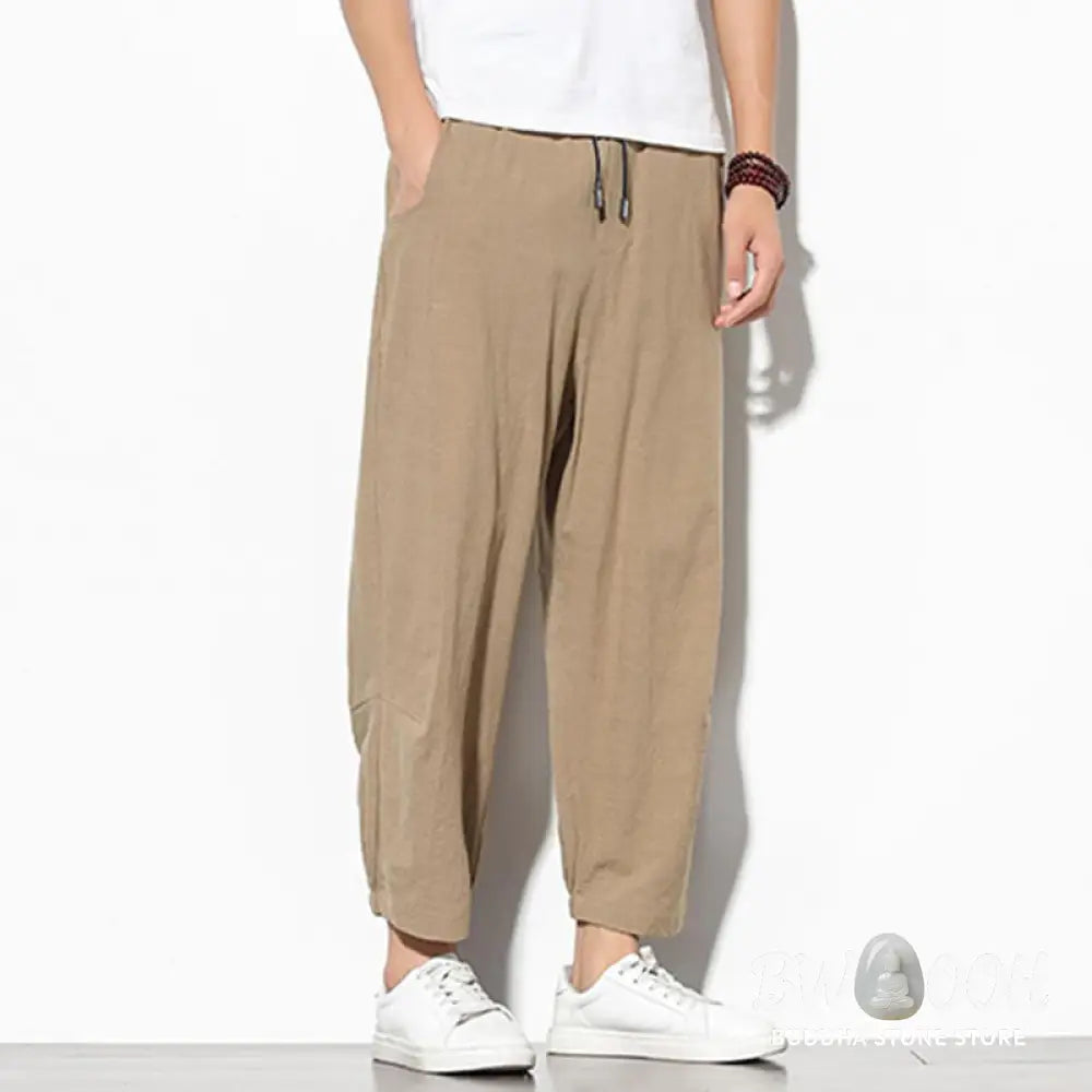 Buddha Stones Summer Men’s 7-8 Length Cotton Linen Carrot Pants With Pockets - Men’s Pants