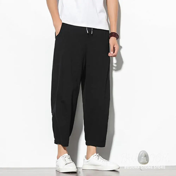 Buddha Stones Summer Men’s 7-8 Length Cotton Linen Carrot Pants With Pockets - Men’s Pants