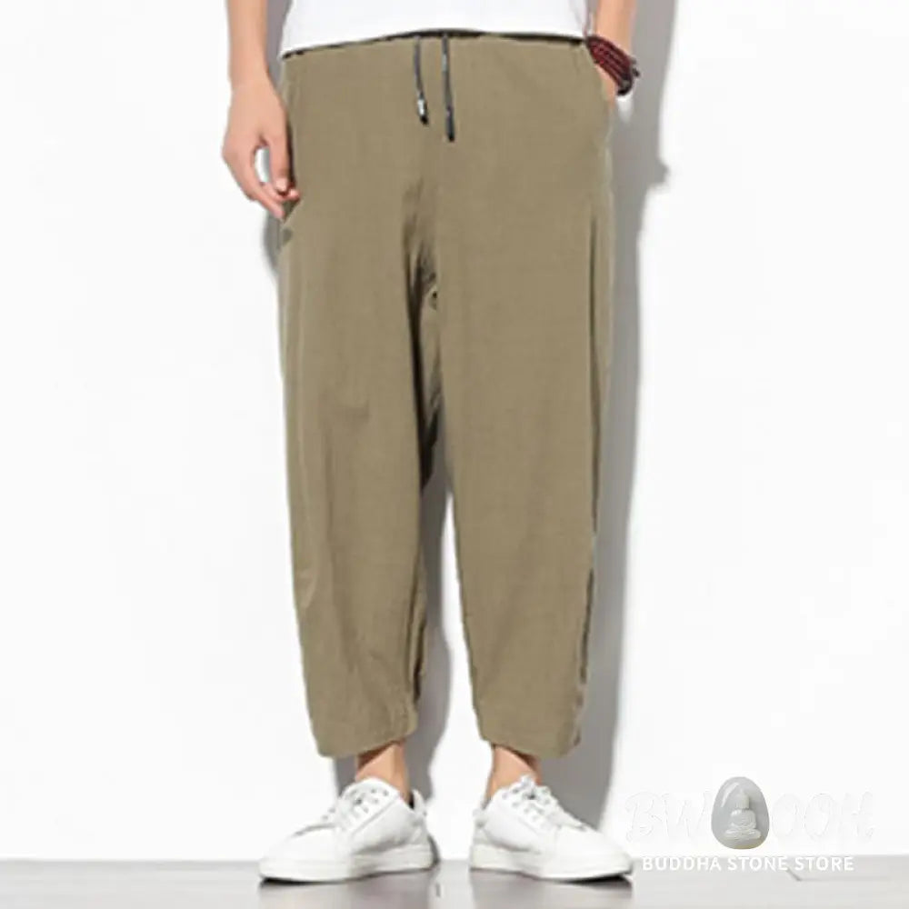 Buddha Stones Summer Men’s 7-8 Length Cotton Linen Carrot Pants With Pockets - Men’s Pants