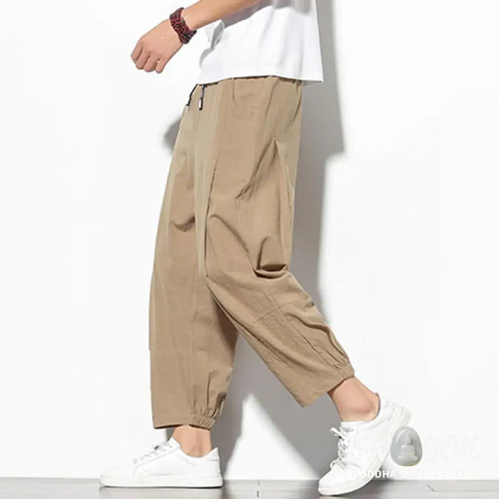 Buddha Stones Summer Men’s 7-8 Length Cotton Linen Carrot Pants With Pockets - Men’s Pants