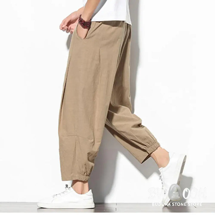Buddha Stones Summer Men’s 7-8 Length Cotton Linen Carrot Pants With Pockets - Men’s Pants