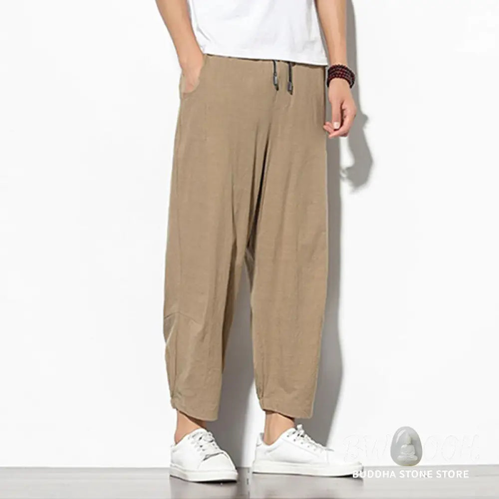 Buddha Stones Summer Men’s 7-8 Length Cotton Linen Carrot Pants With Pockets - Men’s Pants