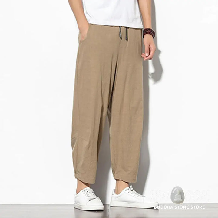 Buddha Stones Summer Men’s 7-8 Length Cotton Linen Carrot Pants With Pockets - Men’s Pants
