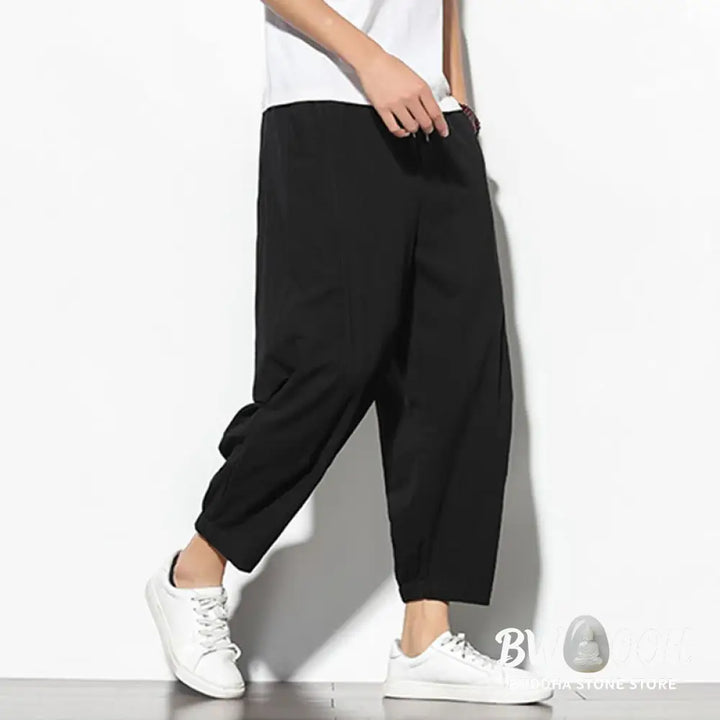 Buddha Stones Summer Men’s 7-8 Length Cotton Linen Carrot Pants With Pockets - Men’s Pants