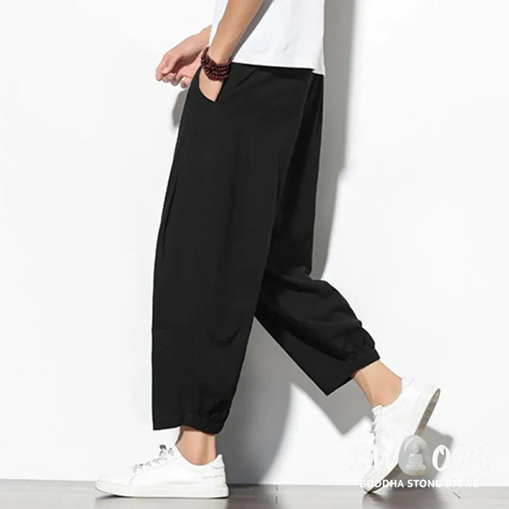 Buddha Stones Summer Men’s 7-8 Length Cotton Linen Carrot Pants With Pockets - Men’s Pants