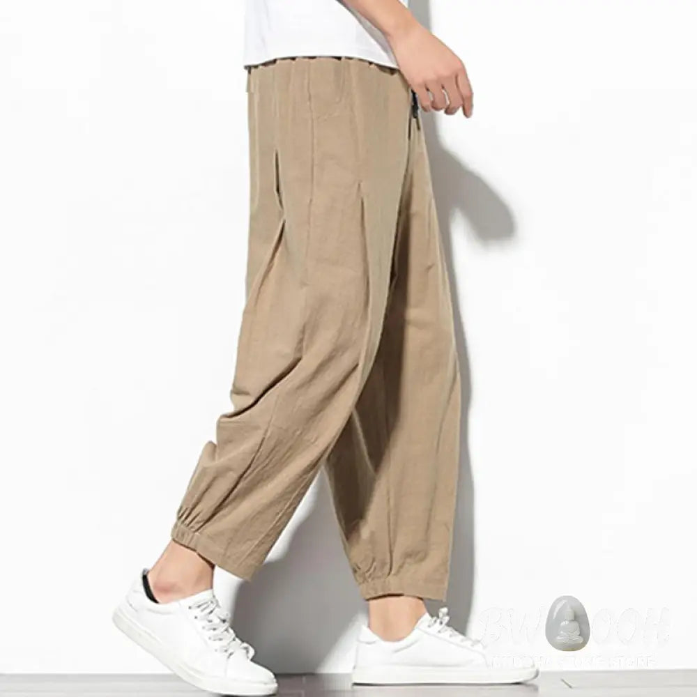 Buddha Stones Summer Men’s 7-8 Length Cotton Linen Carrot Pants With Pockets - Men’s Pants