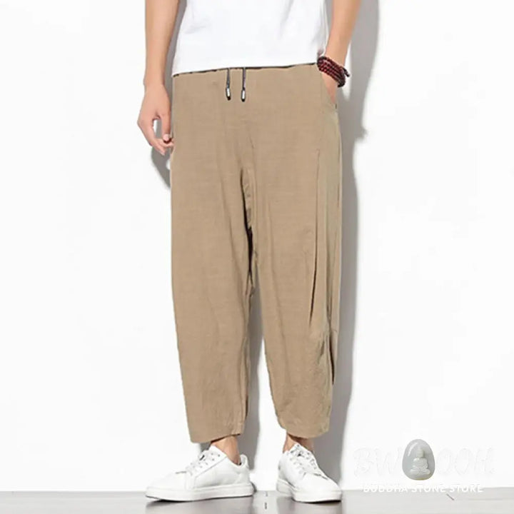 Buddha Stones Summer Men’s 7-8 Length Cotton Linen Carrot Pants With Pockets - Men’s Pants