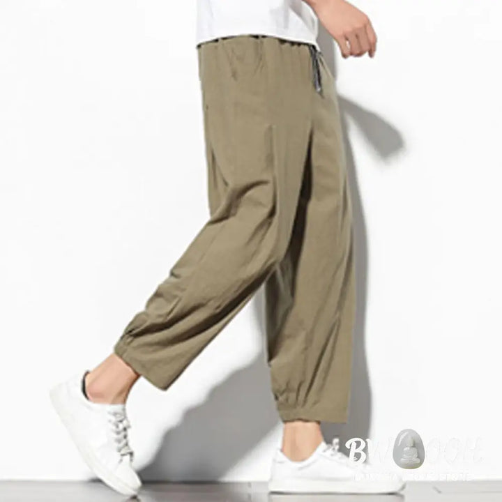 Buddha Stones Summer Men’s 7-8 Length Cotton Linen Carrot Pants With Pockets - Men’s Pants