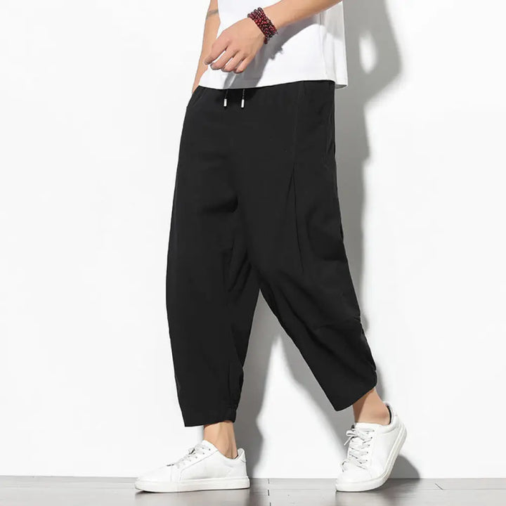 Buddha Stones Summer Men’s 7-8 Length Cotton Linen Carrot Pants With Pockets - Black / US/UK/AU36，EU46 (L) - Men’s Pants