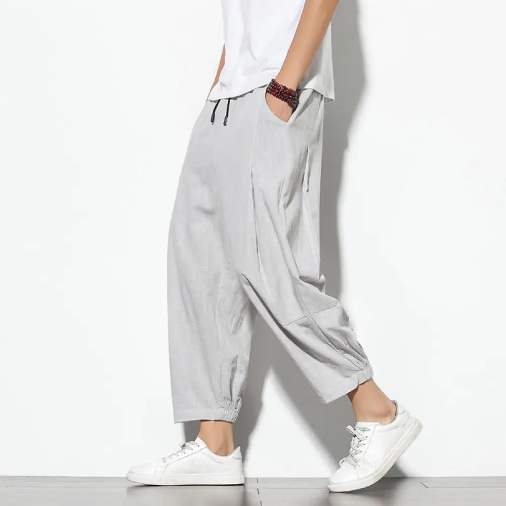 Buddha Stones Summer Men’s 7-8 Length Cotton Linen Carrot Pants With Pockets - LightGrey / US/UK/AU36，EU46 (L) - Men’s