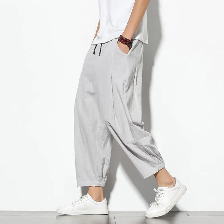 Buddha Stones Summer Men’s 7-8 Length Cotton Linen Carrot Pants With Pockets - LightGrey / US/UK/AU36，EU46 (L) - Men’s