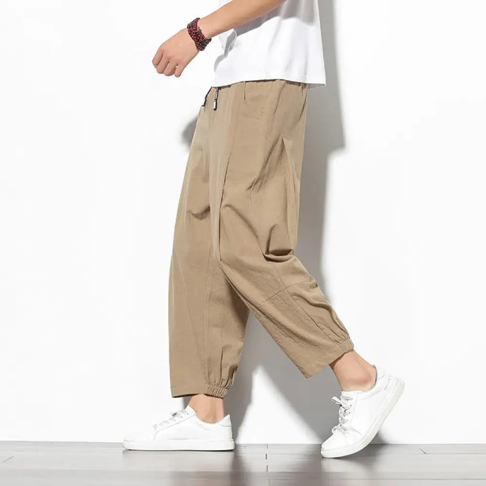 Buddha Stones Summer Men’s 7-8 Length Cotton Linen Carrot Pants With Pockets - Tan / US/UK/AU36，EU46 (L) - Men’s Pants