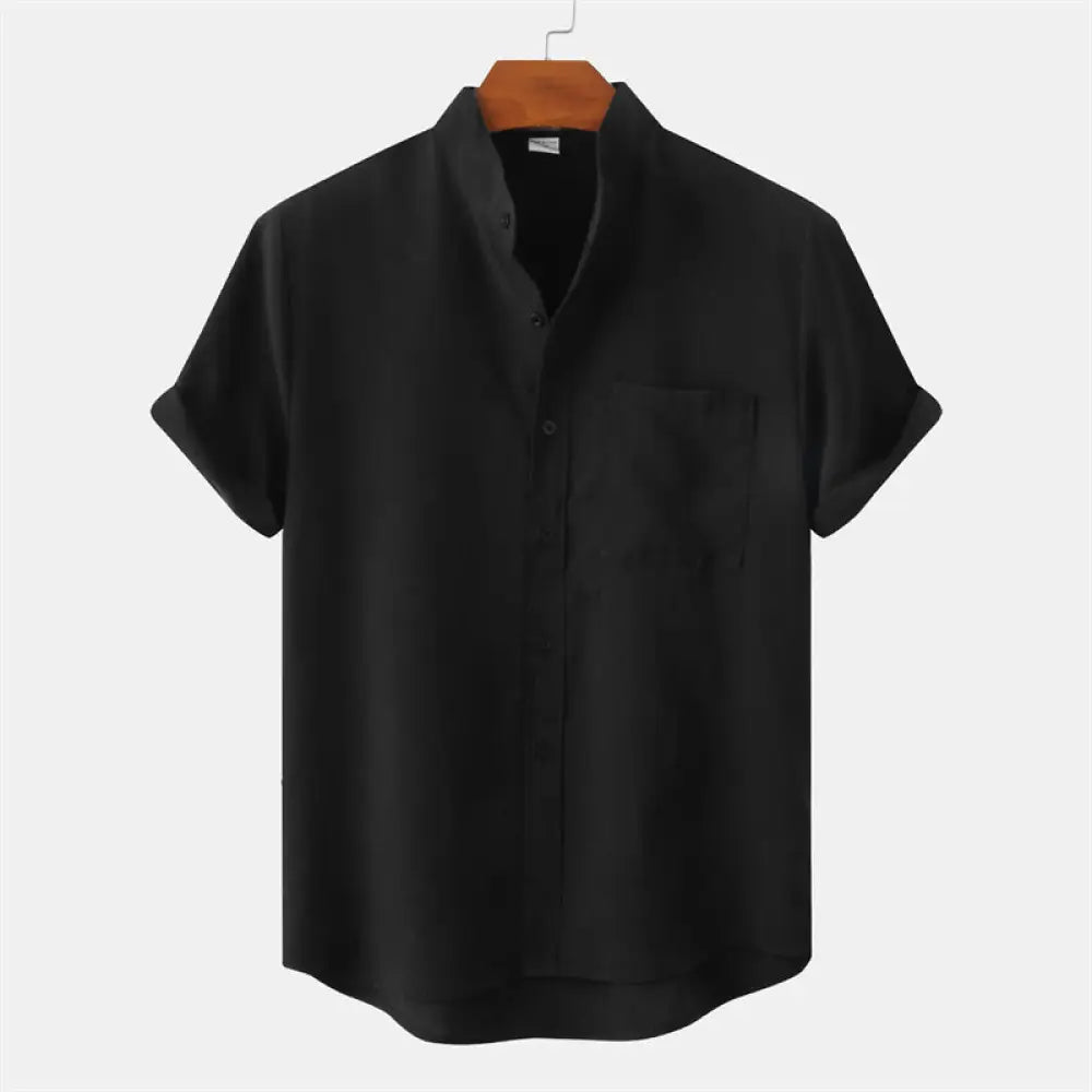 Buddha Stones Summer Men’s Button Plain Short Sleeve Cotton Shirt With Pocket - Black / US/UK/AU36，EU46 (L) - Men’s