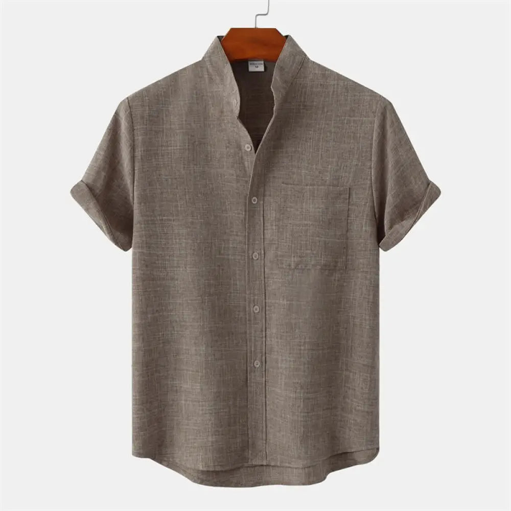 Buddha Stones Summer Men’s Button Plain Short Sleeve Cotton Shirt With Pocket - DarkKhaki / US/UK/AU36，EU46 (L) - Men’s
