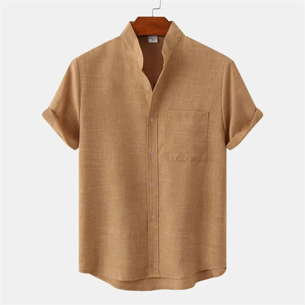 Buddha Stones Summer Men’s Button Plain Short Sleeve Cotton Shirt With Pocket - SandyBrown / US/UK/AU36，EU46 (L)