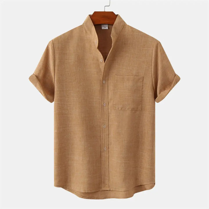 Buddha Stones Summer Men’s Button Plain Short Sleeve Cotton Shirt With Pocket - SandyBrown / US/UK/AU36，EU46 (L)