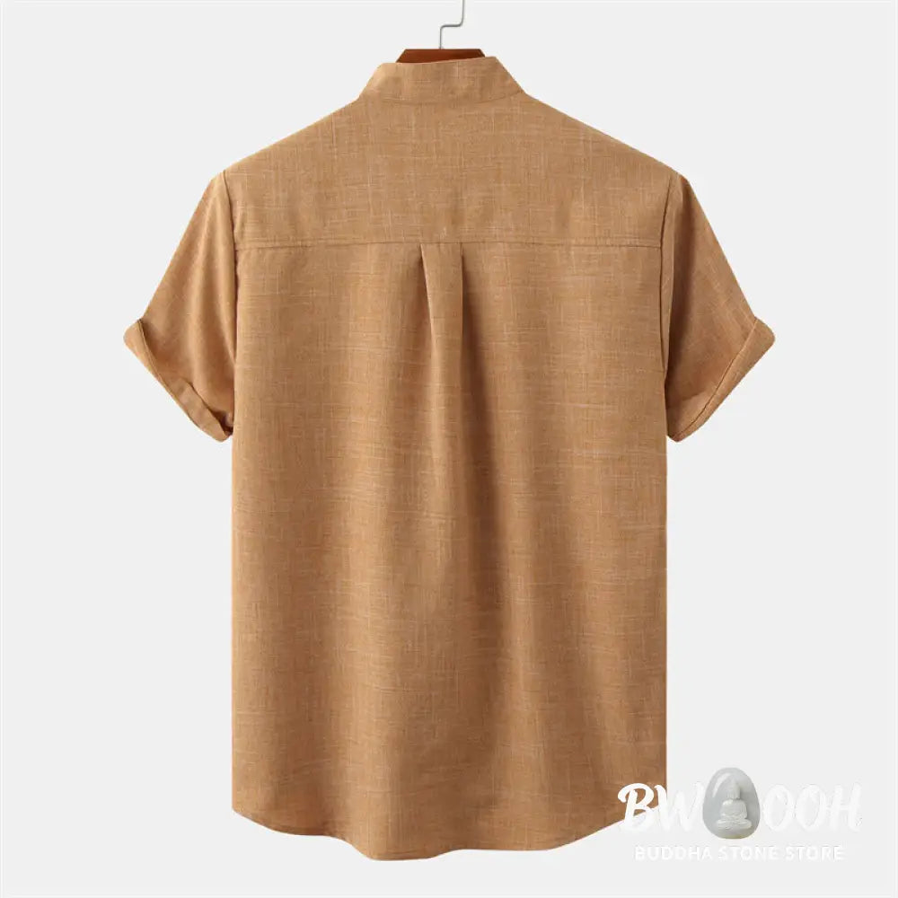 Buddha Stones Summer Men’s Button Plain Short Sleeve Cotton Shirt With Pocket - Men’s Shirts