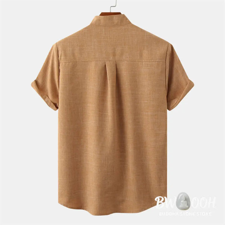 Buddha Stones Summer Men’s Button Plain Short Sleeve Cotton Shirt With Pocket - Men’s Shirts